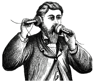 Antique etching of a man using an antique telephone